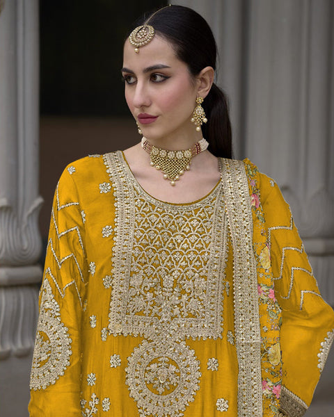 Yellow Women Readymade Chinnon Silk Zari Work Palazzo Suit With Chinnon Silk Dupatta