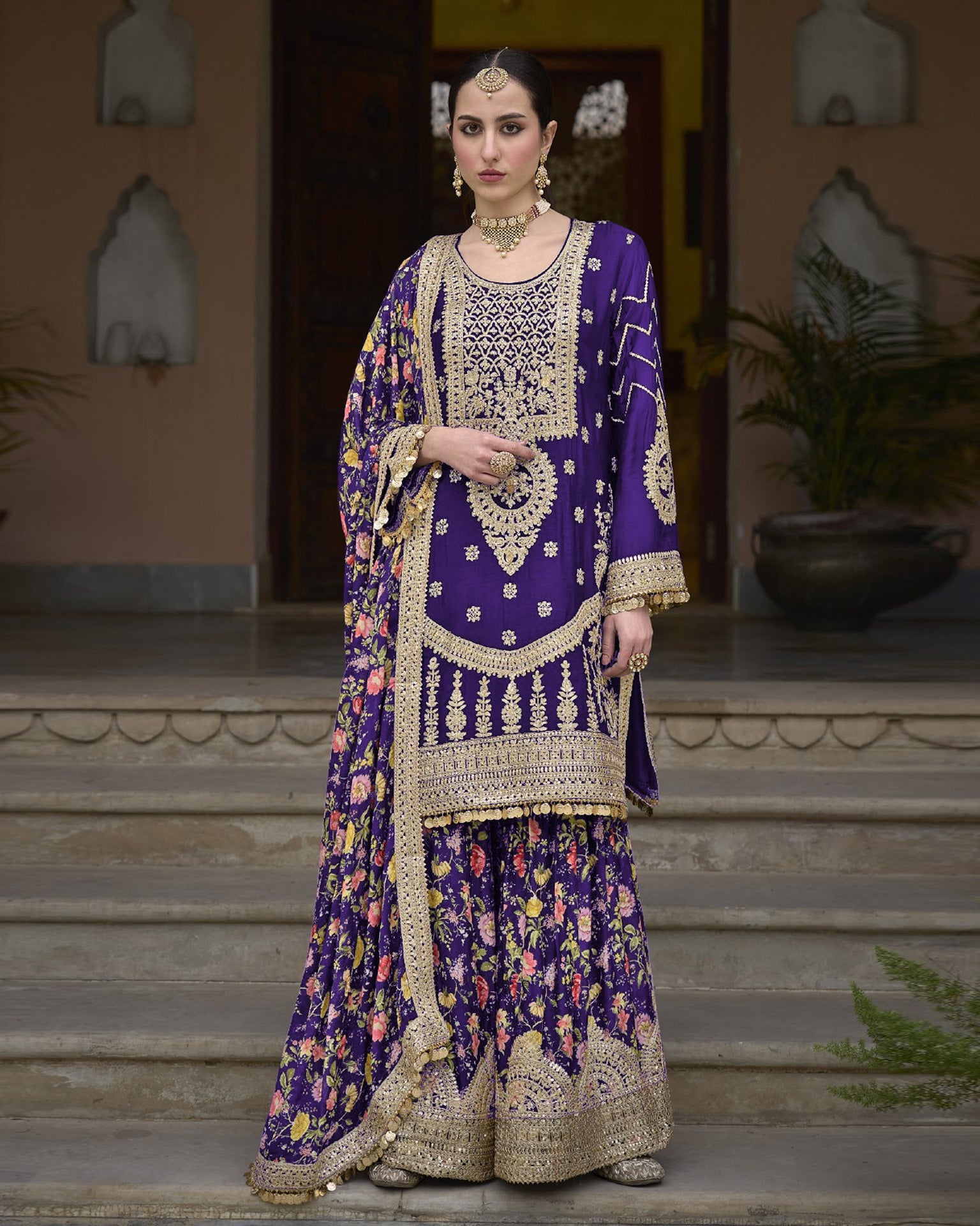 Blue Women Readymade Chinnon Silk Zari Work Palazzo Suit With Chinnon Silk Dupatta