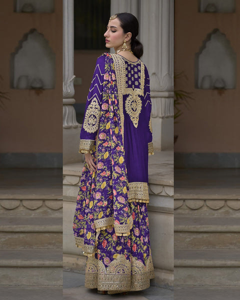 Blue Women Readymade Chinnon Silk Zari Work Palazzo Suit With Chinnon Silk Dupatta