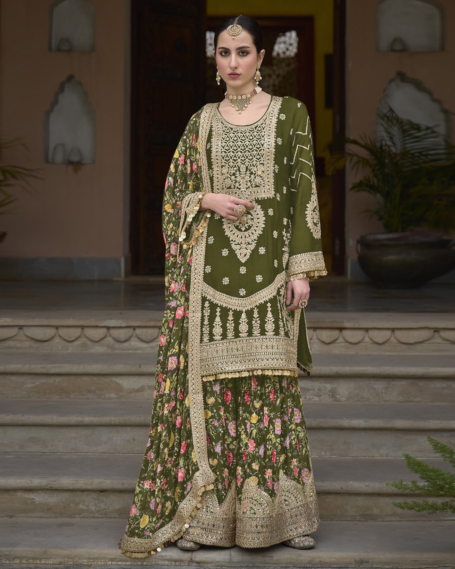 Green Women Readymade Chinnon Silk Zari Work Palazzo Suit With Chinnon Silk Dupatta