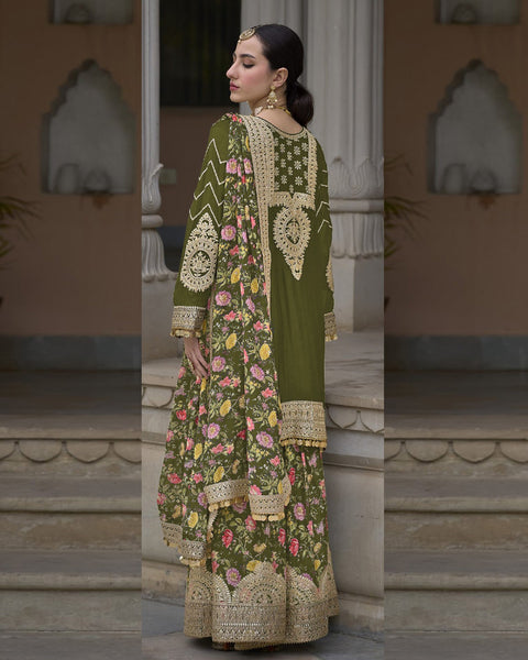 Green Women Readymade Chinnon Silk Zari Work Palazzo Suit With Chinnon Silk Dupatta