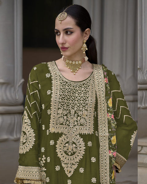 Green Women Readymade Chinnon Silk Zari Work Palazzo Suit With Chinnon Silk Dupatta