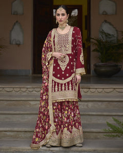 Maroon Women Readymade Chinnon Silk Zari Work Palazzo Suit With Chinnon Silk Dupatta