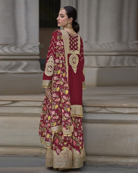 Maroon Women Readymade Chinnon Silk Zari Work Palazzo Suit With Chinnon Silk Dupatta