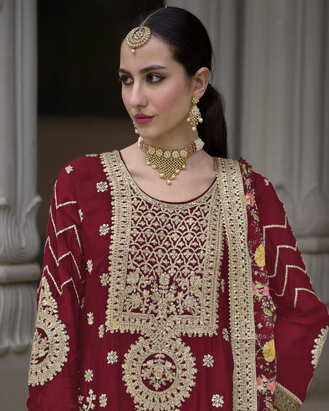 Maroon Women Readymade Chinnon Silk Zari Work Palazzo Suit With Chinnon Silk Dupatta