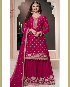 Pink Chinnon Silk Women Unstitched Plus Size Sharara Suit With Embroidered Dupatta