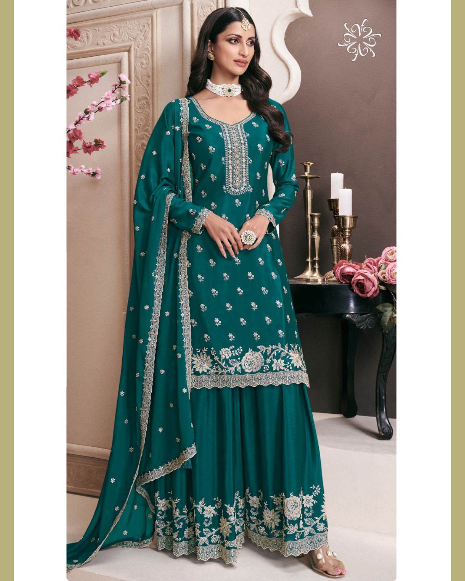 Rama Green Chinnon Silk Women Unstitched Plus Size Sharara Suit With Embroidered Dupatta