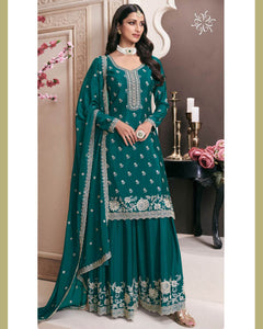 Rama Green Chinnon Silk Women Unstitched Plus Size Sharara Suit With Embroidered Dupatta
