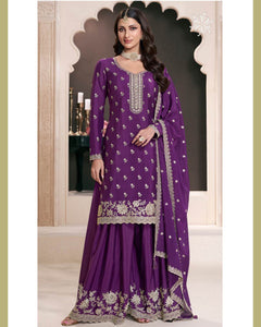 Purple Chinnon Silk Women Unstitched Plus Size Sharara Suit With Embroidered Dupatta