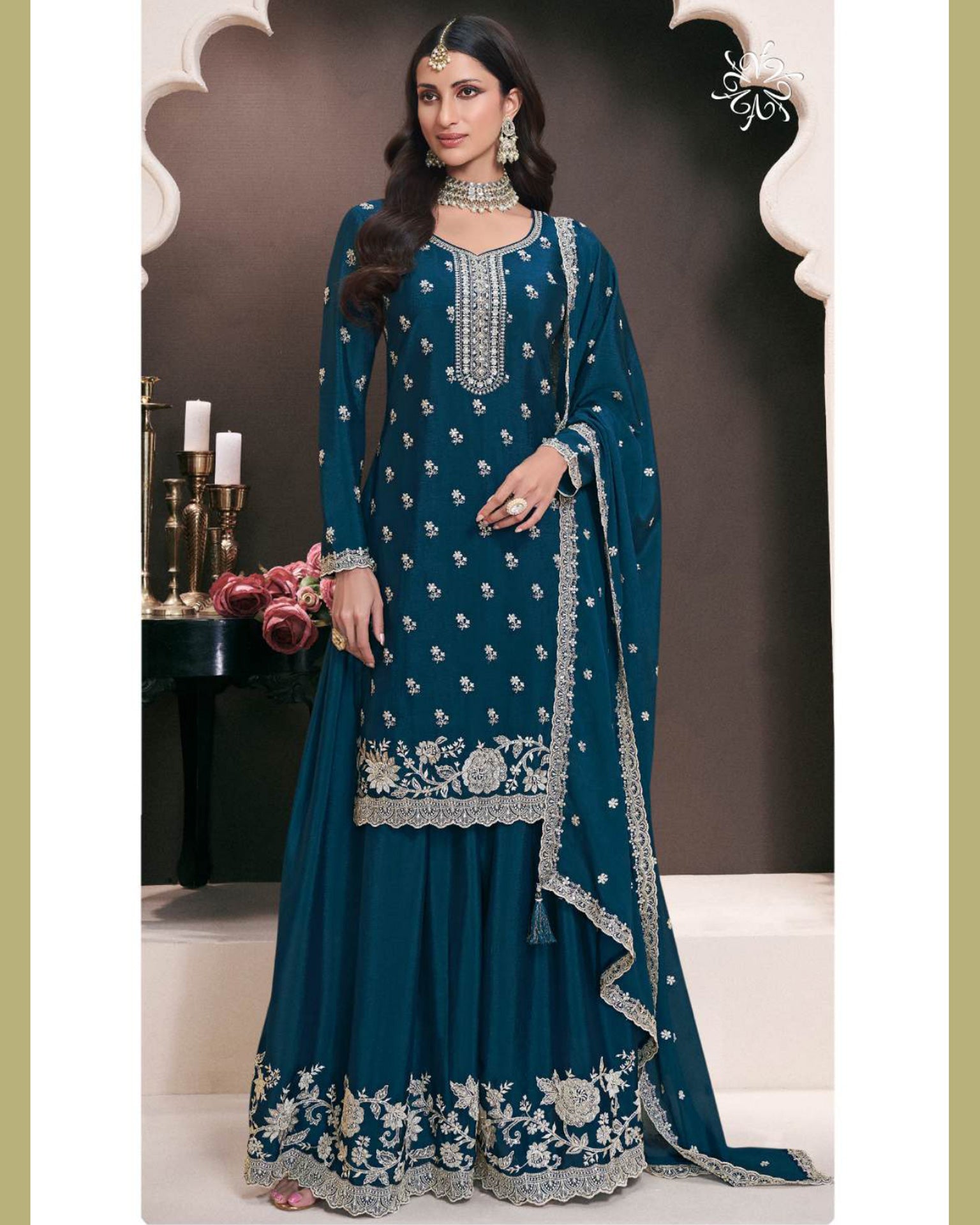 Blue Chinnon Silk Women Unstitched Plus Size Sharara Suit With Embroidered Dupatta
