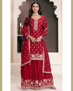 Red Chinnon Silk Women Unstitched Plus Size Sharara Suit With Embroidered Dupatta