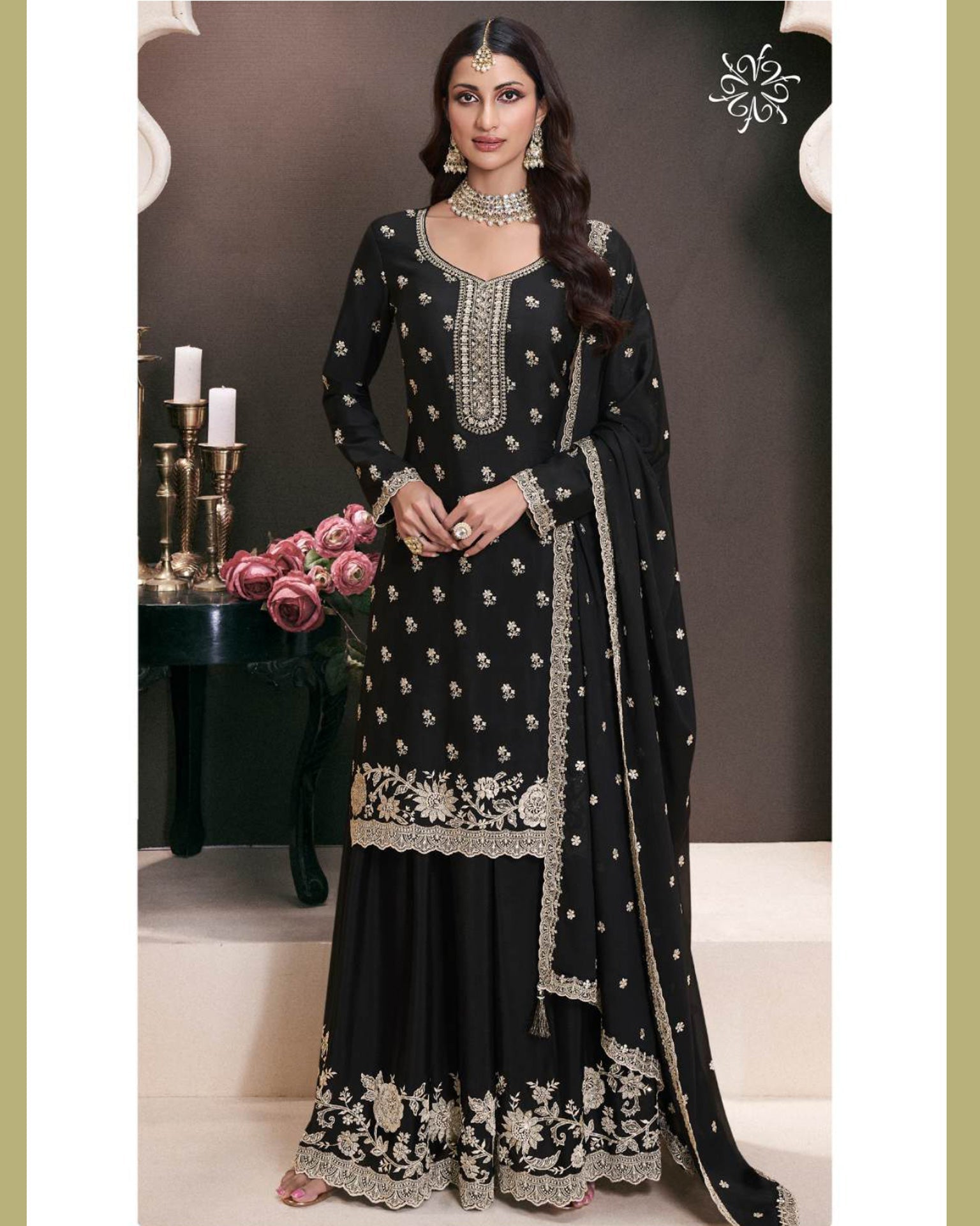 Black Chinnon Silk Women Unstitched Plus Size Sharara Suit With Embroidered Dupatta