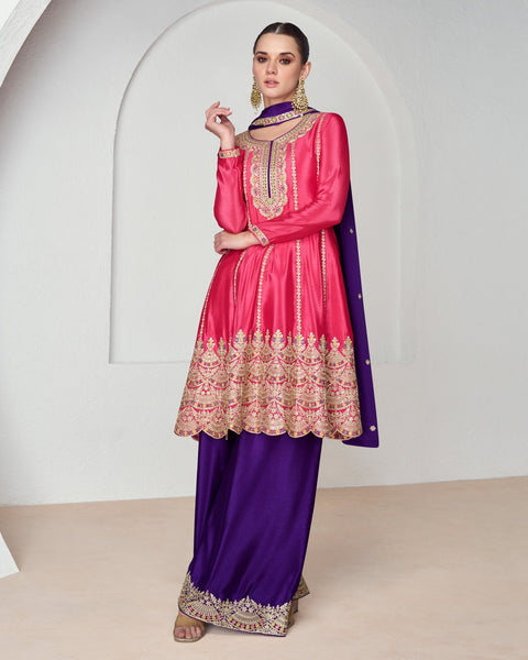 Pink Chinnon Silk Readymade Frock Suit With Thread & Zari Work Embroidered Purple Palazzo & Dupatta