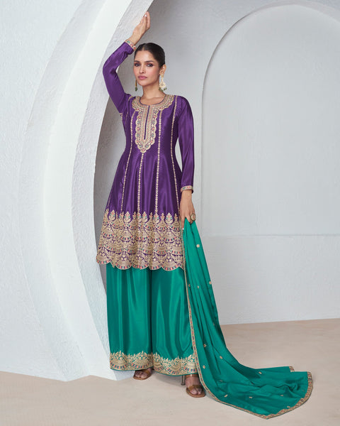 Purple Chinnon Silk Readymade Frock Suit With Thread & Zari Work Embroidered Green Palazzo & Dupatta