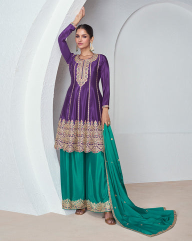 Purple Chinnon Silk Readymade Frock Suit With Thread & Zari Work Embroidered Green Palazzo & Dupatta