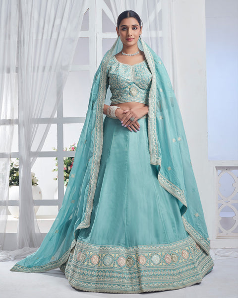 Sky Blue Lehenga In Organza With Sequins & Thread Work With Embroidered Organza Dupatta
