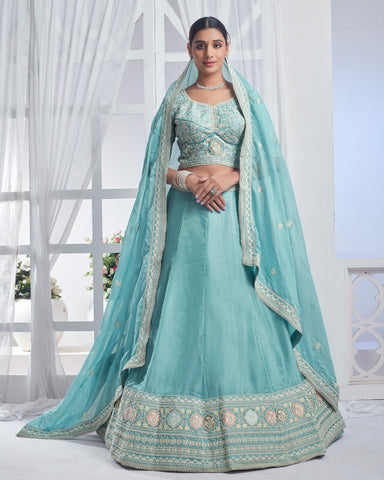 Sky Blue Lehenga In Organza With Sequins & Thread Work With Embroidered Organza Dupatta