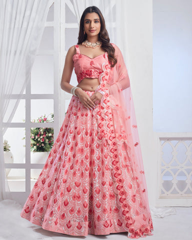 Peach Lehenga In Net With Sequins Work With Embroidered Net Dupatta