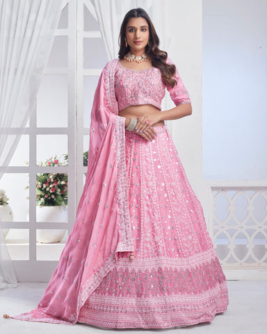 Baby Pink Lehenga In Chiffon With Sequins & Thread Work With Embroidered Chiffon Dupatta