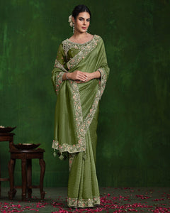 Women Green Crush Paper Silk Sequins Work Saree With Embroidered Readymade Blouse