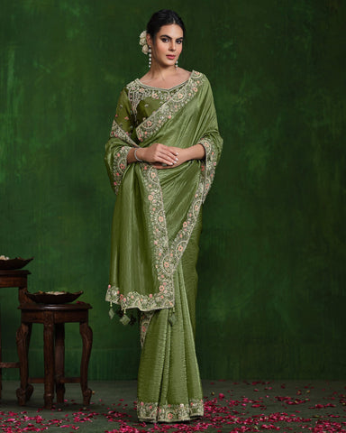 Women Green Crush Paper Silk Sequins Work Saree With Embroidered Readymade Blouse