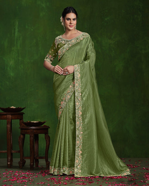 Women Green Crush Paper Silk Sequins Work Saree With Embroidered Readymade Blouse