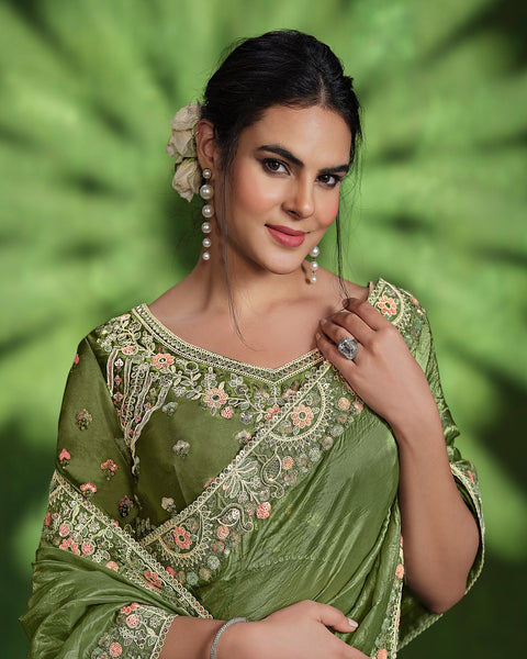 Women Green Crush Paper Silk Sequins Work Saree With Embroidered Readymade Blouse