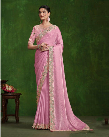 Women Pink Satin Silk Sequins & Hand Work Saree With Embroidered Readymade Blouse