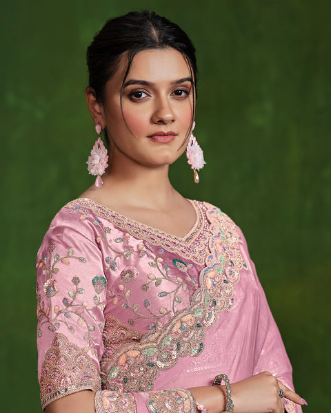 Women Pink Satin Silk Sequins & Hand Work Saree With Embroidered Readymade Blouse