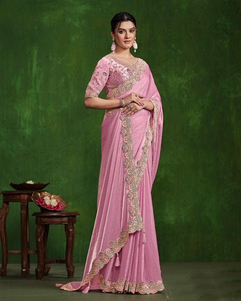 Women Pink Satin Silk Sequins & Hand Work Saree With Embroidered Readymade Blouse