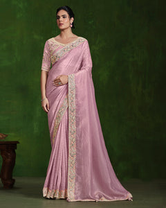 Women Dusty Pink Crush Paper Silk Sequins Work Saree With Embroidered Readymade Blouse