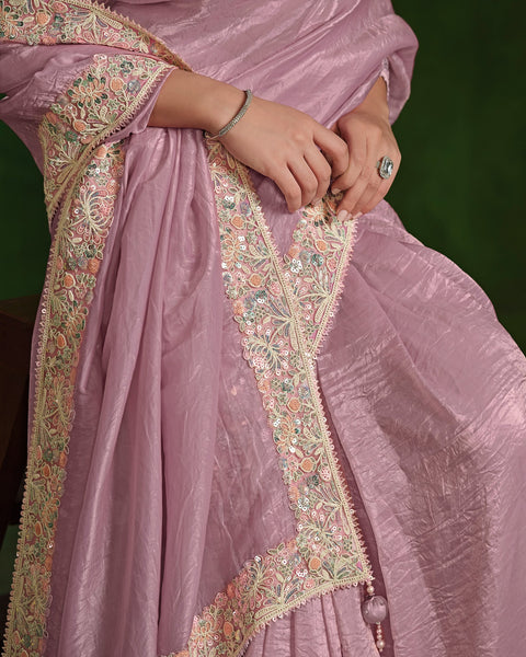 Women Dusty Pink Crush Paper Silk Sequins Work Saree With Embroidered Readymade Blouse