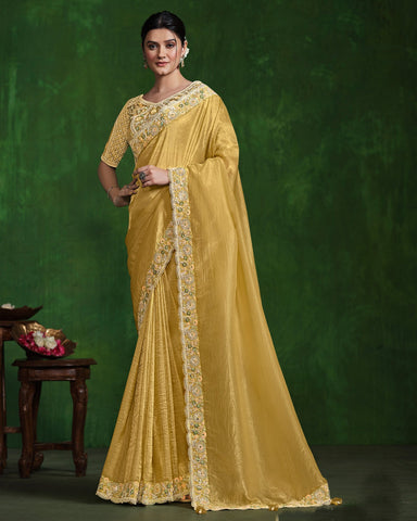 Women Mustard Crush Paper Silk Sequins Work Saree With Embroidered Readymade Blouse