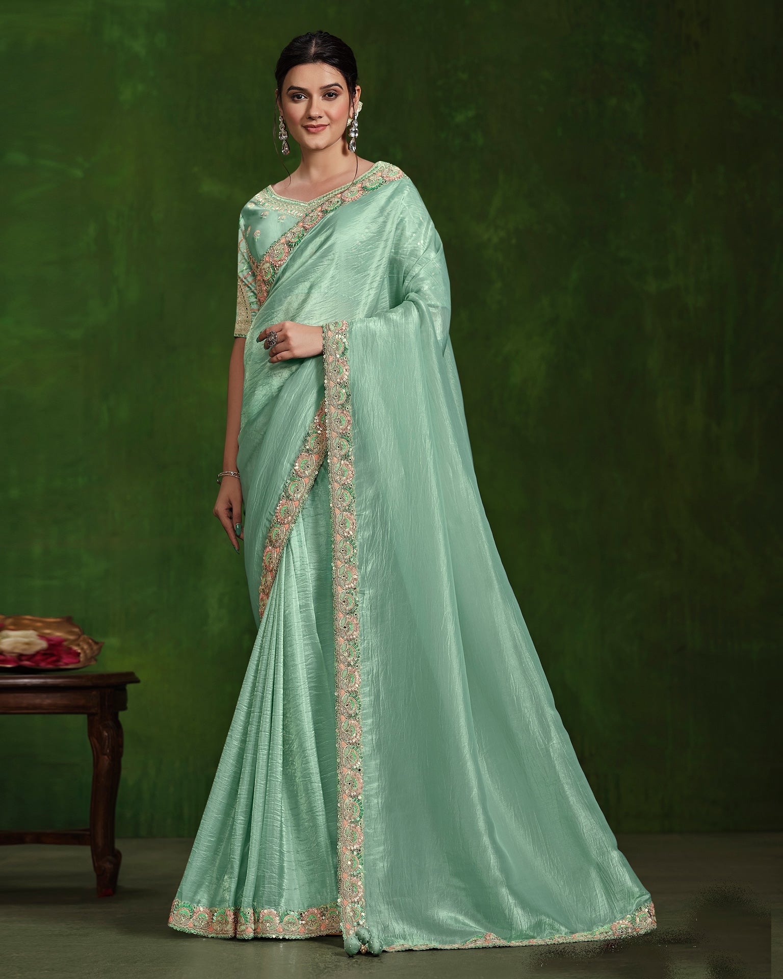 Women Aqua Blue Crush Paper Silk Sequins & Mirror Work Saree With Embroidered Readymade Blouse