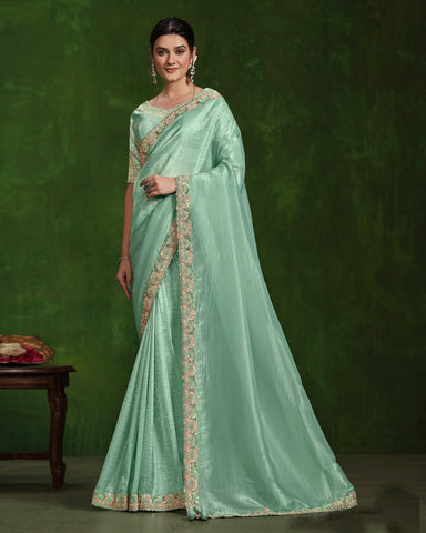 Women Aqua Blue Crush Paper Silk Sequins & Mirror Work Saree With Embroidered Readymade Blouse