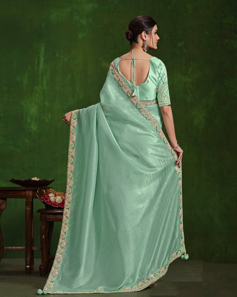 Women Aqua Blue Crush Paper Silk Sequins & Mirror Work Saree With Embroidered Readymade Blouse