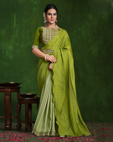 Women Green Crepe Silk Georgette Zari & Stone Work Saree With Embroidered Readymade Blouse