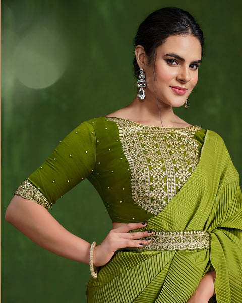 Women Green Crepe Silk Georgette Zari & Stone Work Saree With Embroidered Readymade Blouse