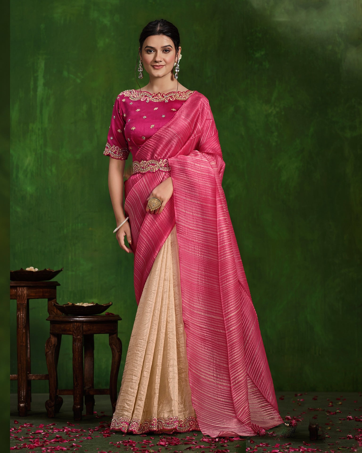 Women Pink Banarasi Crushed Silk Thread & Stone Work Saree With Embroidered Readymade Blouse