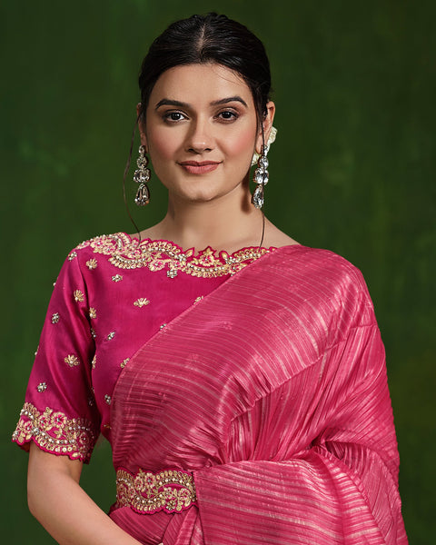 Women Pink Banarasi Crushed Silk Thread & Stone Work Saree With Embroidered Readymade Blouse