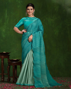 Women Blue Crepe Silk Georgette Thread & Mirror Work Saree With Embroidered Readymade Blouse