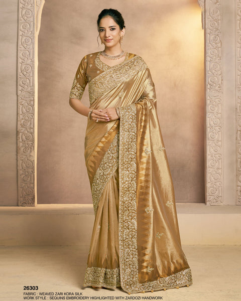 Golden Saree In Weaved Zari Kora Silk For Women With Golden Blouse