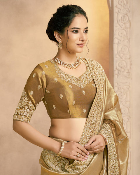 Golden Saree In Weaved Zari Kora Silk For Women With Golden Blouse