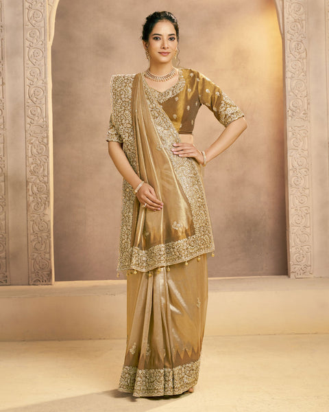 Golden Saree In Weaved Zari Kora Silk For Women With Golden Blouse
