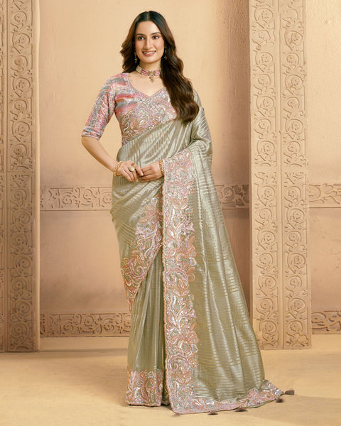 Sea Green Saree In Zari Tissue Silk For Women With Silk Blouse