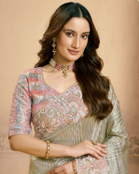 Sea Green Saree In Zari Tissue Silk For Women With Silk Blouse