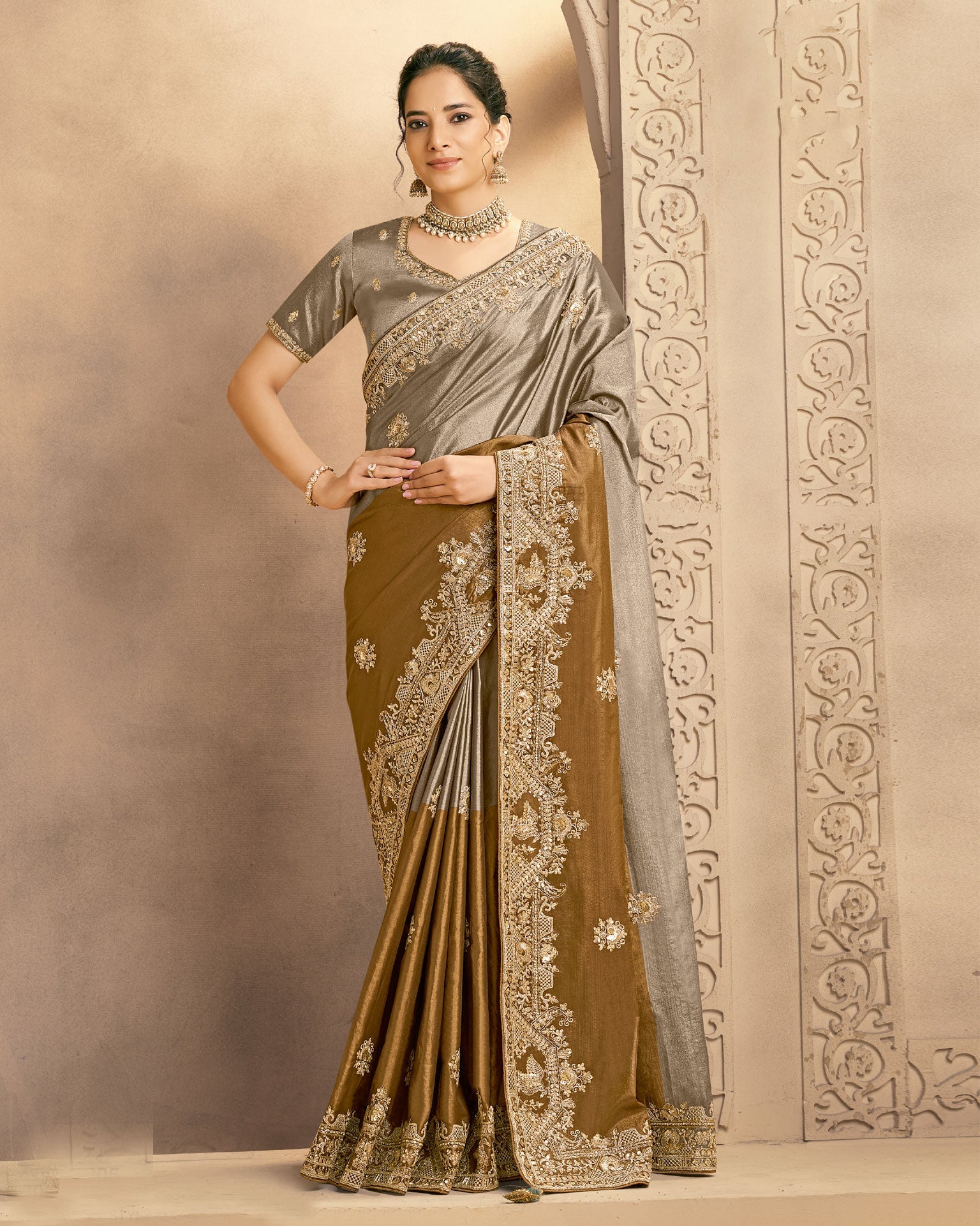 Metalic Gold Saree In Metalic Zari Kora Silk For Women With Silver Blouse