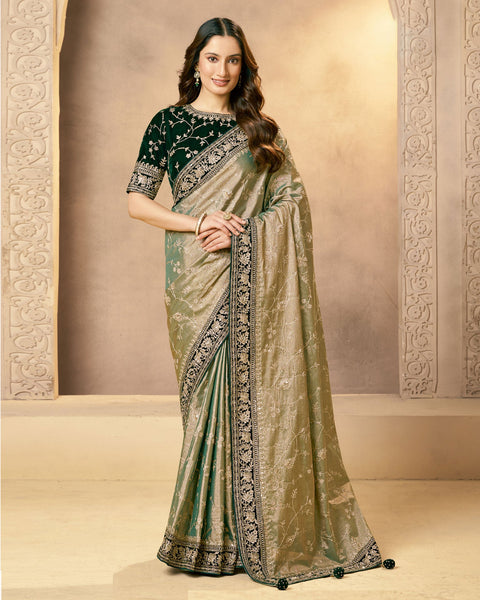 Green Saree In Tissue Kora Silk For Women With Velvet Blouse