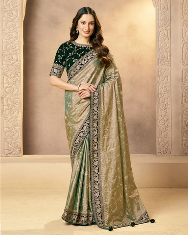 Green Saree In Tissue Kora Silk For Women With Velvet Blouse