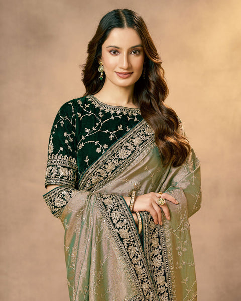 Green Saree In Tissue Kora Silk For Women With Velvet Blouse